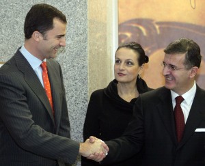 Spains Crown Prince Felipe de Borbon shakes hands with Serbia and Montenegros President Marovic at the opening ceremony of the new Cervantes Institute in Belgrade